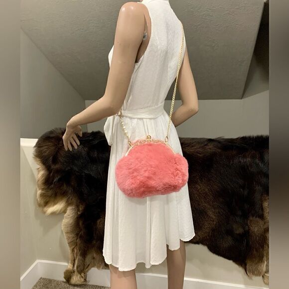 Handmade Real Rex Rabbit Fur Rhinestone Kisslock Wristlet/Crossbody/Evening Bag - Picture 8 of 16